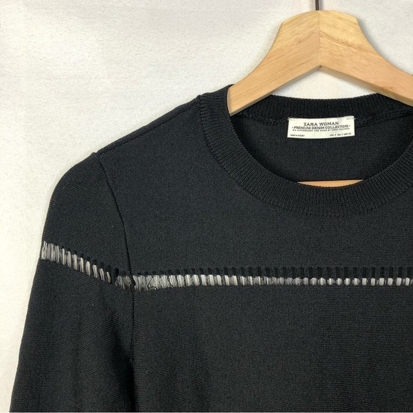 Zara Black Mesh Stripe Knit Crewneck Sweater S - Picture 3 of 3